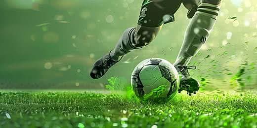 Footballer controlling a ball on a vivid green pitch